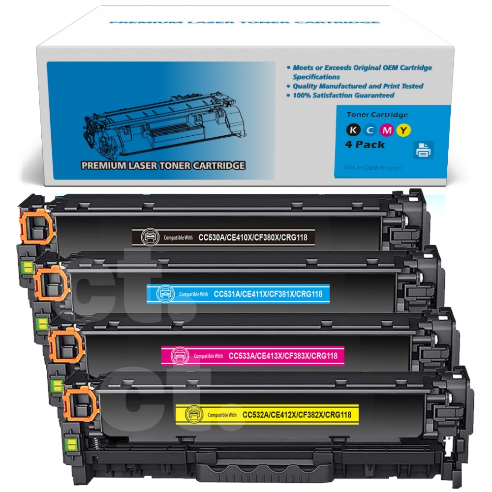 HP CC530A CE410X CF380X Canon CRG118 Combo Compatible BK/C/M/Y High Yield Toner Cartridge -4 Pack