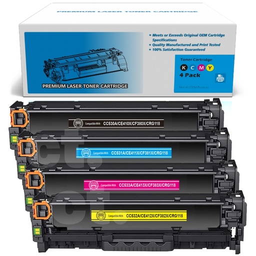 [162140519986] HP CC530A CE410X CF380X Canon CRG118 Combo Compatible BK/C/M/Y High Yield Toner Cartridge -4 Pack